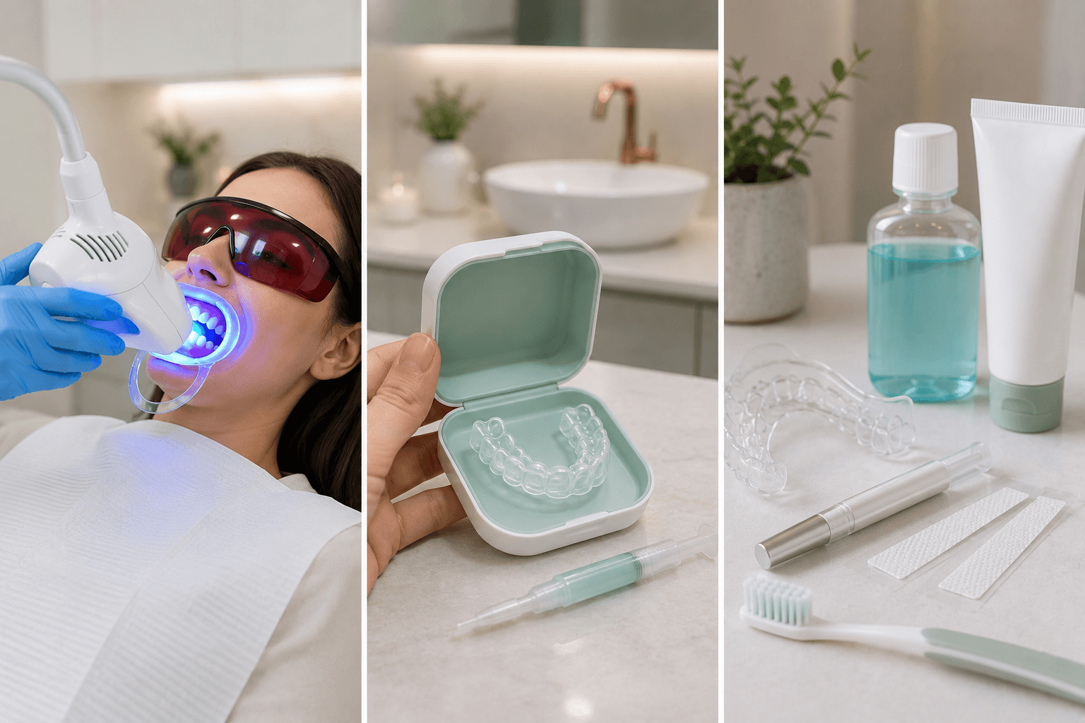A three-panel comparison: in-clinic whitening with an accelerating light, a take-home tray, and shop-bought kit products